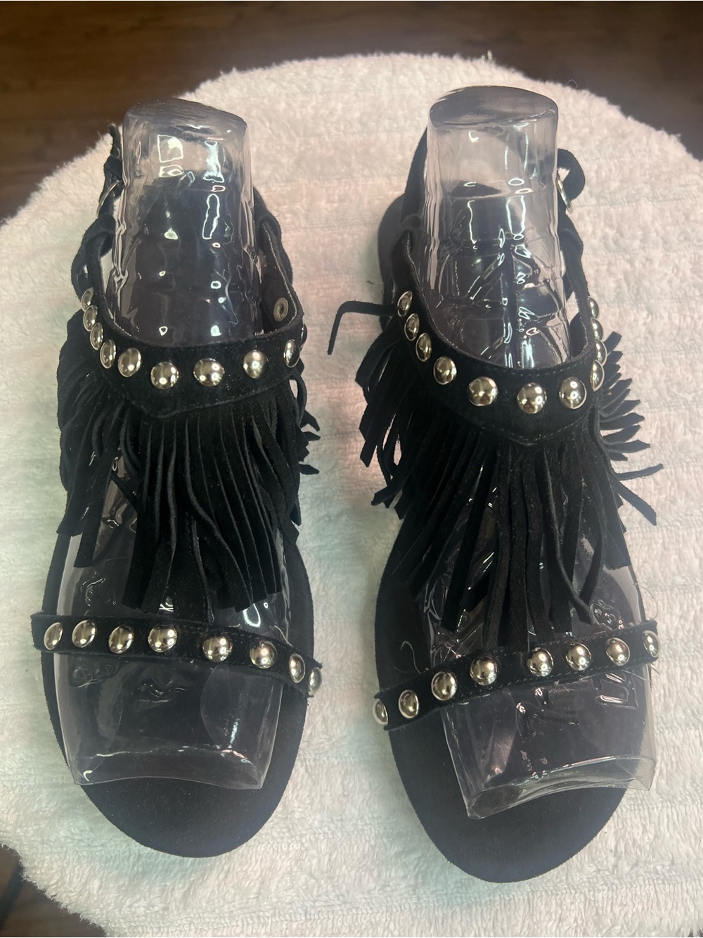 Angels Black Fringe Sandals with Silver Studs